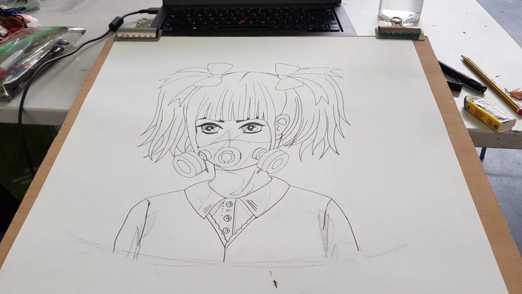 Girl in gas mask - cartoon watercolour painting - draft